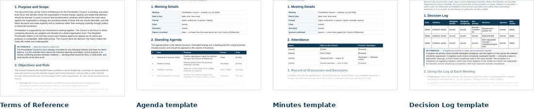 Preview of the four Council Operating Pack documents &mdash; structure shown, detail deliberately softened
